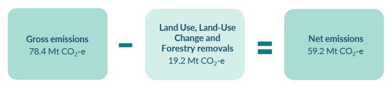 A diagram showing that gross emissions (78.4 Mt CO2-e), minus removals from Land Use, Land-Use Change and Forestry (19.2 Mt CO2-e), is equal to net emissions (59.2 Mt CO2-e). 