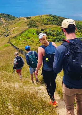 Group of four people walking down a hill towards the ocean