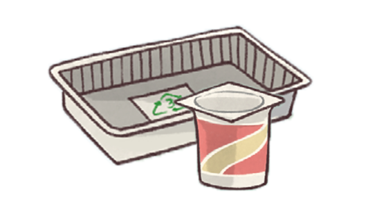 Illustration of a PVC and polystyrene tray and a PVC pottle. 