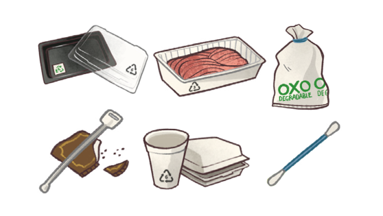 Illustration of products banned from October 2022, which include polystyrene takeaway food and drink packaging, PVC food trays, plastic drink stirrers, and cotton buds with plastic stems.