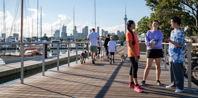 People on a walkway chatting and walking dogs, Auckland in the background