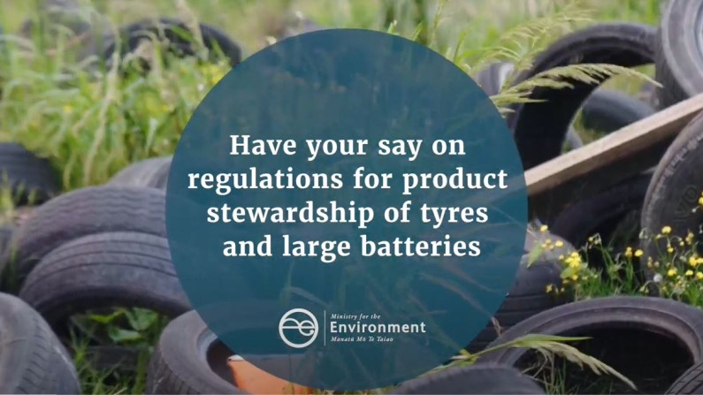 Poster frame for video on product stewardship of tyres and large batteries