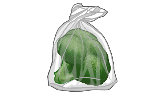 Illustration of a single use plastic produce bag with a broccoli in it.