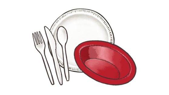 Illustration of a single use plastic fork, knife, spoon, plate, and bowl.