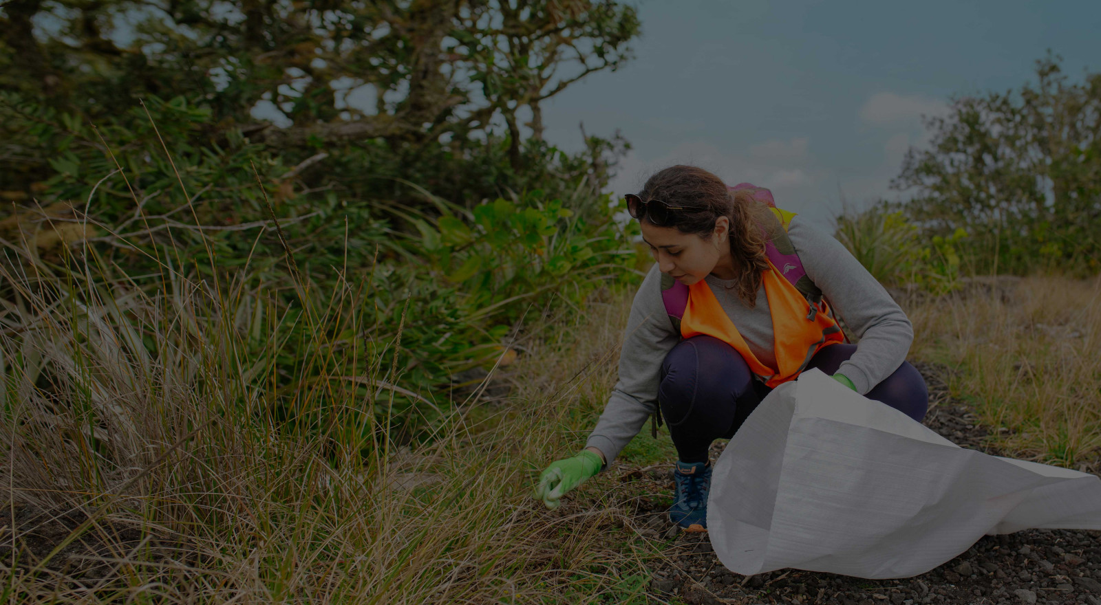 A young woman picking up rubbish from the bushes and ground.