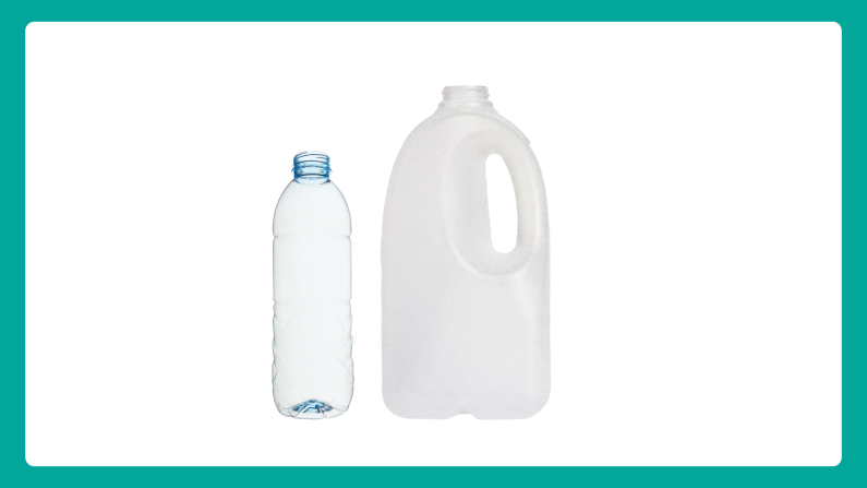 A plastic water bottle and plastic milk bottle.