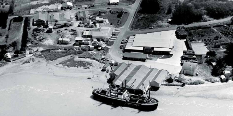 A black and white photo of an old Mapua site.
