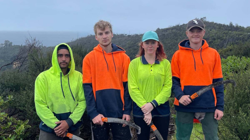 Four young people holding handsaws.