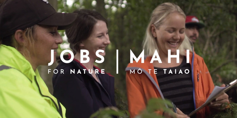 Three people looking at a clipboard while in nature.