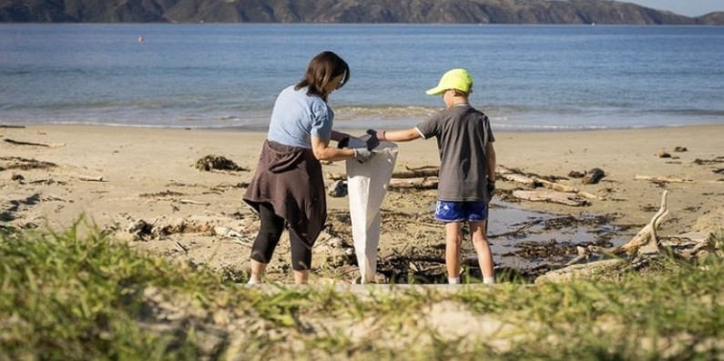 Two people picking up rubbish along a coastline.