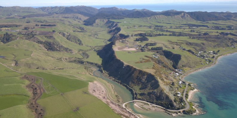 Drone overhead view of the Whangawehi stream and coastline.